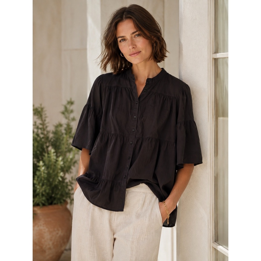 Topshop Black Tiered Peplum Blouse‎ Size 10 Button Front Puff Sleeve Cotton Top